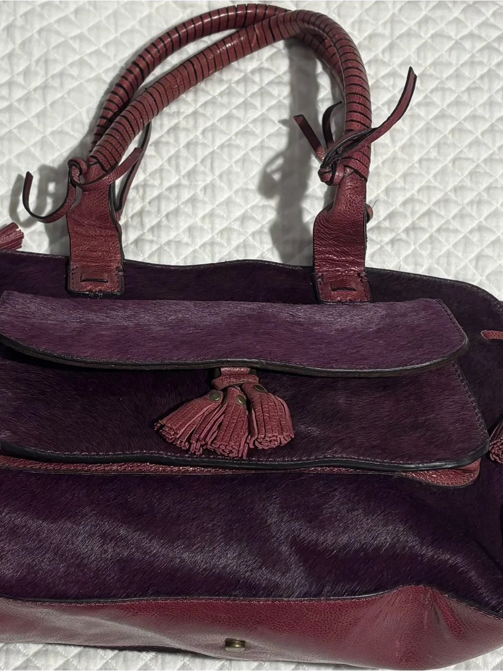 Antonio Melani Purple Leather & Hair-calf Bag with Tassel Accent EUC